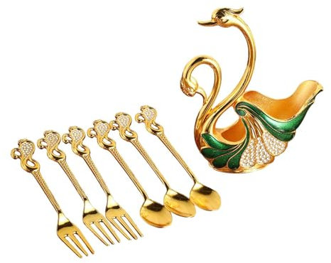 SiaBiced Set di posate creative con base cigno, include 3 cucchiai e 3 forchette, Verde