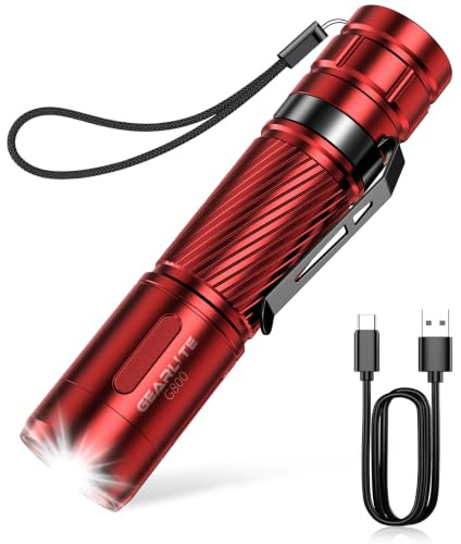 GEARLITE Taschenlampe LED Aufladbar, Superhelle Zoombare 2000 Lumen Mini Taschenlampen, 3 Modi, Lange Laufzeit, IP65 Wasserdicht Taktische Handlampe für Kinder Camping, Angeln, Notfall, Outdoor - Rot