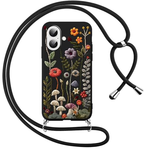 Votvloay Handyband Handyhülle für iPhone 16 6,1 Hülle mit Band, Aesthetic Blumen Muster Case mit Kordel zum Umhängen, Silikon Weich TPU Bumper Stoßfest Schutzhülle Cover für iPhone 16, Schwarz 2