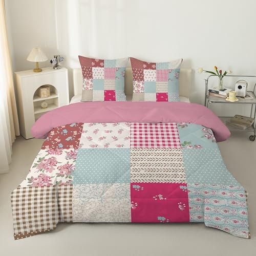 Linfye Blumen-Patchwork Bettdecke 155x220 4 Jahreszeiten, Wende Steppdecke 155x220 Modernes Patchwork Ganzjahresdecke Bettdecken, Weiche Schlafdecke Waschbar Duvet mit 2 Kissenbezug 80x80cm