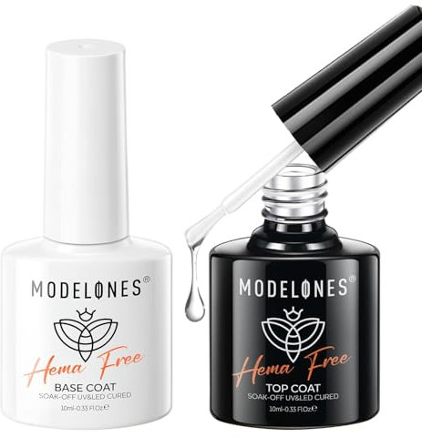 Modelones Top Coat Gel UV, 2×10ml Base Coat Top Coat UV LED Hema-free Gel Nagellack Set, Gellack Unterlack & Überlack No Wipe Top Coat Set Nägel Maniküre Nail Art