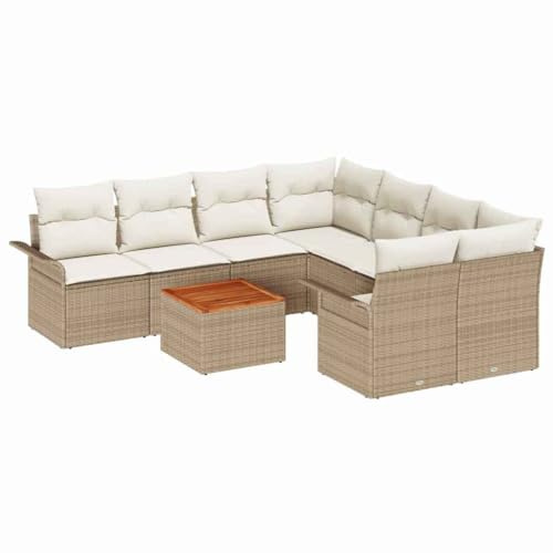 vidaXL 9-teiliges Garten-Sofaset mit Kissen in Beige aus Poly Rattan und einem Holztisch - perfekte Gartenmöbel für Deine Terrasse oder deinen Hinterhof.