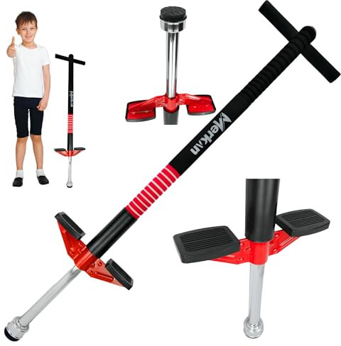 Merkan Pogo Stick, Jump Stick, Springen, Muster für Kinder, Jungen und Mädchen, Lenker aus Weichschaum, 5+, bis 70 kg (Rot/Schwarz)