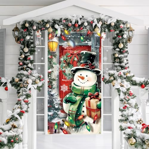 SULOLI Decorazione Porta Natale,90 x 180 cm,Addobbi Porta d'Ingresso di Natale da Appendere per Casa Interni ed Esterni (Snowman)
