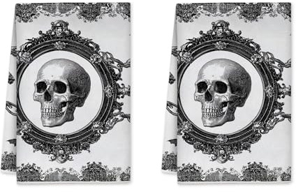Küchentücher mit Totenkopf-Muster, Gothic, Barock, verzierte Bordüre, schwarz, weiß, schwarz, wiederverwendbar, Barhandtücher, Urlaub, Küche, Dekoration, 40,6 x 61 cm (2 Stück)