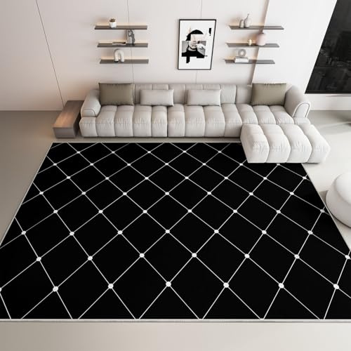 Generisch Moderner Teppich Flanell rutschfest - Schwarz Weiß Gitter Muster für Wohnzimmer, Flur & Küche, Kurzflor Matte für Erwachsene & Kinder, Waschbarer Bodenbelag, 80 x 150 cm