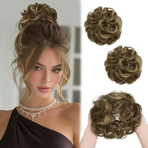 Sofeiyan 2PCS Messy Bun Haarteil mit Gummiband,Blond & Mittelbraun | Gelockt Dutt Haarteil,Synthetische Messy Bun Haar Tousled Updo Haarteile für Frauen Alltag Hochzeit