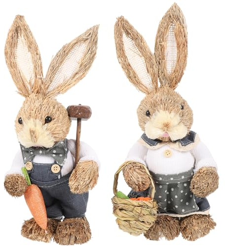 Conejo de Pascua de paja: 2 figuras de conejo de pie tejidas, decoración de conejo de Pascua de 35 cm, estatua de conejo sosteniendo zanahoria, escultura artificial para decoración de colección de