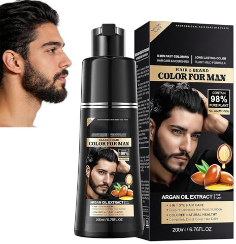 Negro Champú Colorante 4 en 1 para Hombre,Tinte Semipermanente Cabello y Barba, Cobertura de Canas Rápida,Cuidado con Aceite de Argán,Uso Fácil en Casa,200 ml