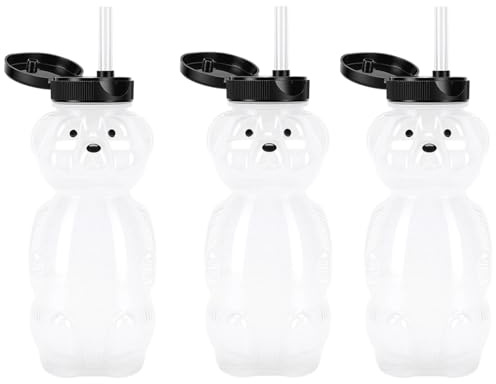 3 vasos con pajita de oso para bebidas, botella de agua de oso reutilizable a prueba de fugas de plástico de 230 ml, botella de miel con tapa abatible y pajitas de silicona para