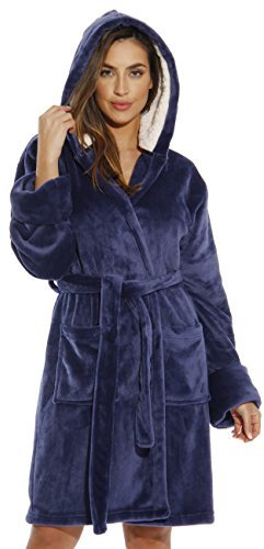 Just Love Velours-Bademantel mit Kapuze für Damen mit Sherpa-Kapuze, Marineblau mit Sherpa-Kapuze, Medium