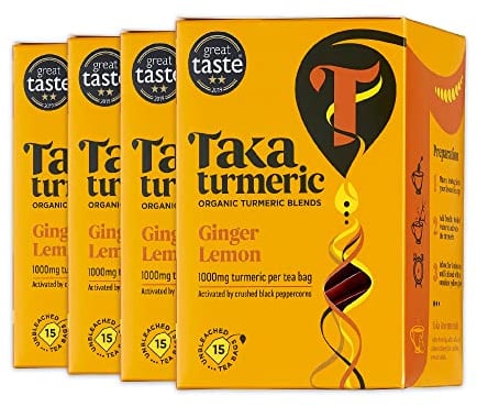 Taka Turmeric Organic Lemon Ginger Turmeric Tea, 4 x 15 Tea Bags | 1000mg organic Indian turmeric in every tea bag, activated by crushed black peppercorns. Great Taste award winner.