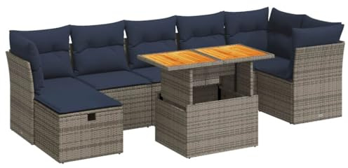 Foknhdi 8-TLG. Gartenmöbel Set aus grauem Poly-Rattan & Akazienholz 100 x 55 cm Tisch, Lounge Sofa-Ecke mit blauen Kissen, platzsparend für kleinen Balkon, Terrasse, Wintergarten