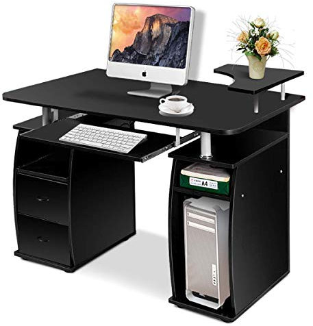 COSTWAY Bureau Informatique Table de Bureau en MDF pour Ordinateur Multi-Rangements avec Tablette Imprimante, Tablette à Clavier Coulissante, 2 Tiroirs 120x55x85cm (Noir)