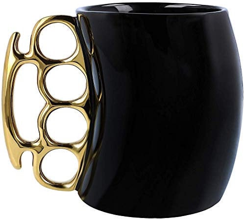 Knuckle Duster Ceramic Cup, Funny & Friends Mug - White & Black (Black Cup with Gold Handle)