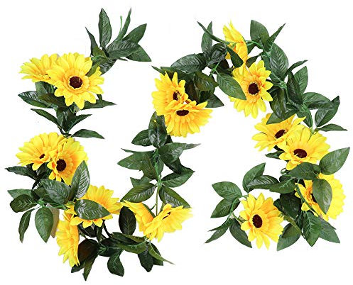 KostaTech KSTEU künstlicher Sonnenblumen Girlande 2 Stück,Sonnenblume Reben Hängepflanzen,Kunstblumen Girlande mit grünen Blättern für Hochzeit,Zuhause, Garten,Außenbereich,Wanddekoration,2.25m