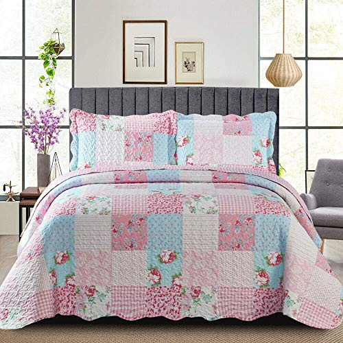 B&B Patchwork Quilt Bedspreads King Size Bedding - 3Piece Box Pattern Thick Cotton Filling Decorative Stitch Blanket Bed Throw With 2 Matching Pillow Cover Set - Floral Pink