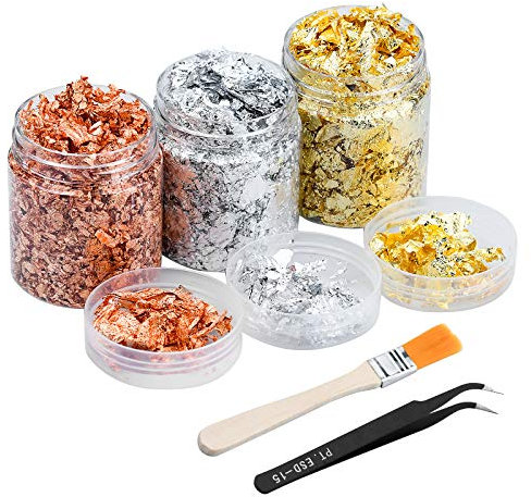 TDDL 3 Dose Gold Flakes Blattgold Flocken Dekorfolie Gilding Flakes Set Epoxidharz Goldflocken Imitation Metallic Folienflocken mit Pinsel Pinzette für das Malen von Kunsthandwerk Nail Art