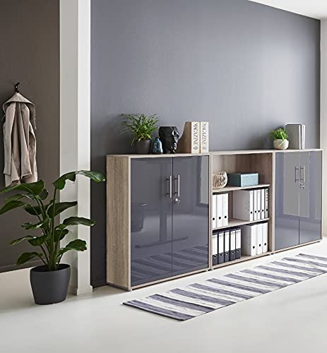 Schrankwand Office Edition abschliessbarer Aktenschrank Büroschrank Büromöbel Regal in Eiche Sonoma/Anthrazit Hochglanz (Set 9)