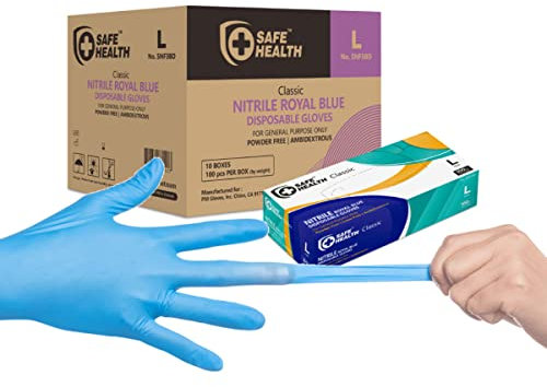 Safe Health Nitrile Disposable Gloves Large Latex Free, Powder Free, Textured, 3.5 mil, Industrial, Food Safe, Janitorial, Tattoo, Law Enforcement, Pet Care, Service, Cleaning, L Blue (Case of 1000)
