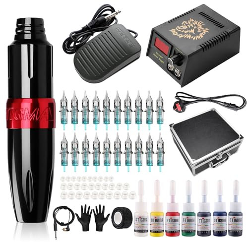 Stigma Tattoo Machine Kit Professioneller Drehstift mit 20Pcs Patronen Nadeln Digital Display Netzteil Tattoo Kit mit Aluminiumlegierung Box für Anfänger und Tätowierer EM122KIT02BP142-1