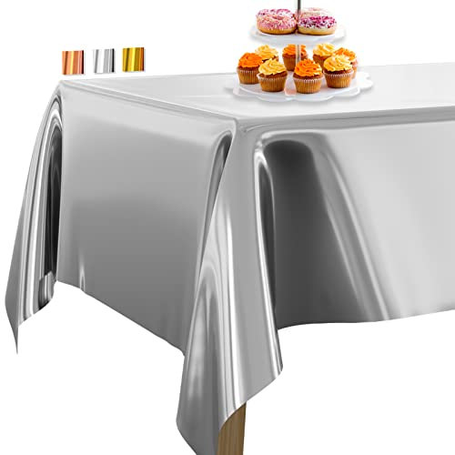 PartyWoo Silber Folientischdecke, 137x274cm/ 54 x 108 Zoll Rechteckige Party Tischdecke Abwaschbar für 6 bis 8 Fuß Tisch, Tischtuch, wasserdichte Tischdecke für Geburtstag, Hochzeit (1 STÜCK)