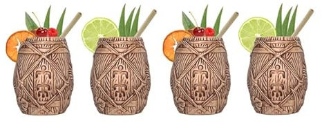 Mixcompany Plantation Rum 4er Set Tiki Mugs - 4X Tiki Becher Tonbecher für Rumtrinker Cocktailglas tropisches Design