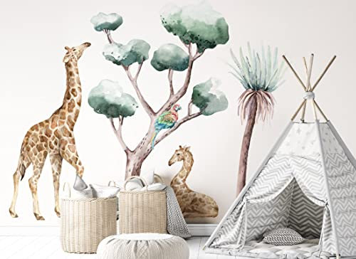 OsomhomeSAVANNA SPIRIT XL Wandaufkleber für Kinder, Safari, Savanne, Giraffe, Gepard, Affen, Tiger, Elefant, Bäume, Aquarell (os4060)