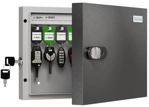 WeHere 16 Key Lock Box – Wall Mounted Key Cabinet with Dual Lock (Key & 3-Digit Combination), Home & Small Office Key Organizer for Entryway & Garage，Includes Key Tags