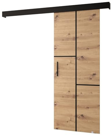 MEBLE KRYSPOL Schiebetürsystem Salwador 7 Komplett-Set für Schiebetüren, Trennwände Innentüren, Modern Design (Artisan Eiche/Gitter: schwarz matt/Griff und Streife: schwarz) 90 cm x 204 cm