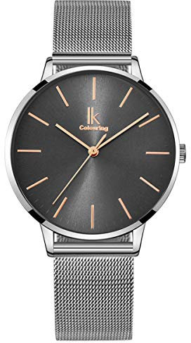 Alienwork Armbanduhr Damen Silber Metall Mesh Armband Edelstahl Grau Ultra-flach dünn