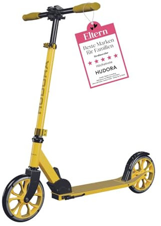 HUDORA Scooter Up 200 - canary - Quiet aluminium scooter for up to 100kg - Adjustable in height & foldable city scooter - Jolt-free kick scooter for children / teenagers & adults