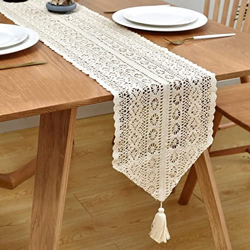 Stfery Tischläufer Vintage Hochzeit, Tischläufer Boho Beige 30x240CM Eleganter Ausschnitt mit Fransen Polyester Baumwolle Tischdeko Wohnzimmer Küche