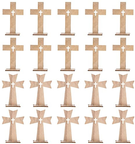Sewroro 20 Stück Stehendes Holzkreuz Mit Ständer - Unlackiertes Kreuz zum Basteln - Katholisches Aus Holz Gefertigtes Spirituelles Religiöses Dekor Für Heimdekoration