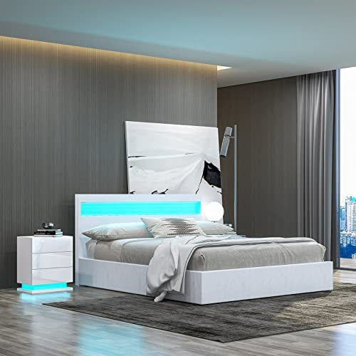 Ottoman Lift Storage Bed Frame with LED Headboard, 5FT King Size Bed Frame, Faux Leather Upholstered Bed Frame with Gas Lift Up Storage, for Bedroom Furniture, White