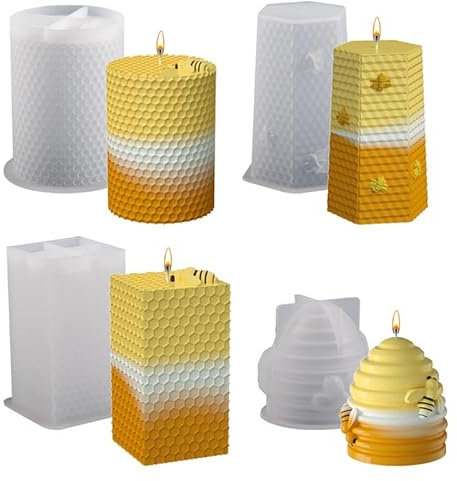 XNSHUN 3D Bienenstock Silikonform, 4 Stück Silikon Kerzenform Kit, DIY Silikonform Kerzen Gießen Formen, Kerzenformen Zum Gießen Für Handwerk Ornamente Duftkerzen Harzform Seife