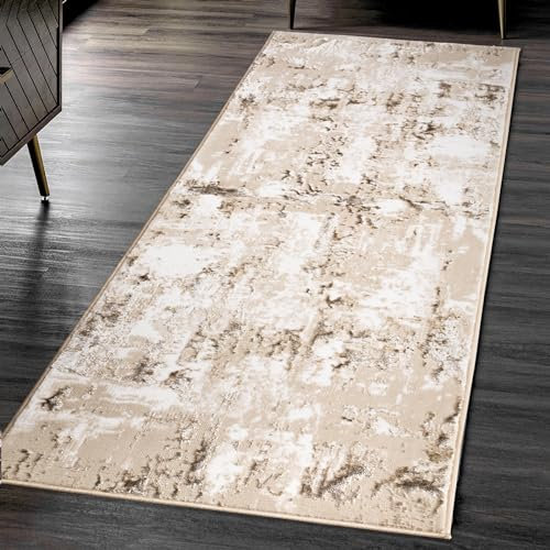 renoazul® Turkish Pattern Washable Runner Rug, 2 ft x 7 ft 3 in, 60 x 220 cm, Abstract Beige, Jute Back Small Runner for Hallway, Lounge, Corridor, and Narrow Passage
