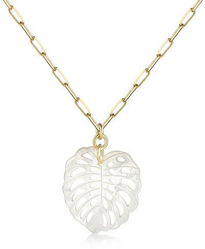 DJADEE Monstera Leaf Kette Damenkette Gold vergoldet Anhänger aus echtem Perlmutt weiß Damen Anhänger Goldkette 24 Karat vergoldet Wasserfest Boho Kette Glücksbringer