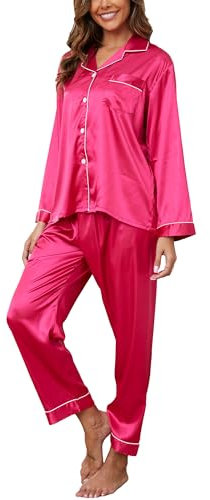 GAESHOW Pyjamas for Women Silk Pjs for Women Soft Silk Satin Long Sleeve Button Down Sleepwear and Loungewear for All Seasons S-XXL Rose