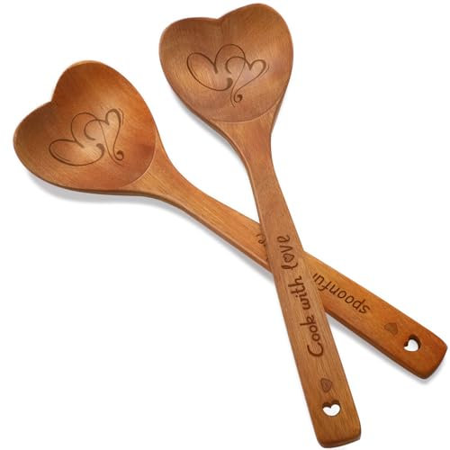 Soaoo 2 Pcs Valentine's Day Spoons Wooden Heart Shaped Spoons Happy Valentines Cooking Spoons for Kitchen Mom Wife Valentines Theme Party Wedding Home Housewarming Gifts Supplies Decoration