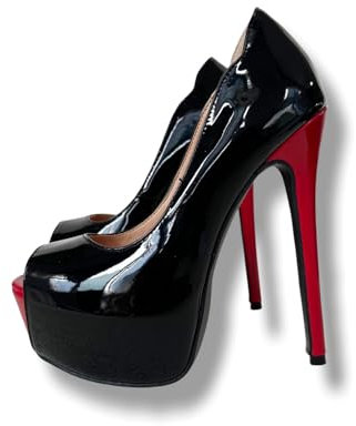 Frankie Hsu Décolleté con tacco alto con plateau a spillo, nero e rosso vernice Peep Toe Style, grandi dimensioni US5-19 scarpe per donne uomini, nero, 39 EU