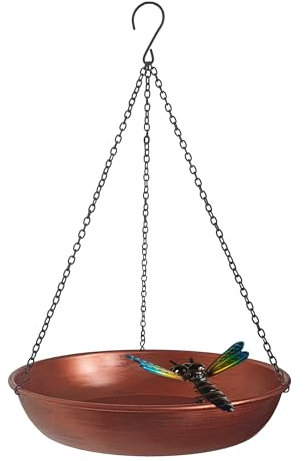 Keygift Hanging Bird Bath Outdoor 11 Inch Antique Copper Cute Small Metal Bird Bath with Removable Black Chain Metal Dragonfly for Garden Backyard Decoration