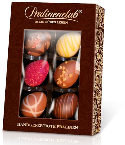 Pralinenbote Genussmanufaktur - Osterpralinen Geschenkbox – 6 handgefertigte Pralinen-Ostereier (75g) aus deutscher Chocolatierkunst, edle Schokolade, Ostergeschenk für Genießer