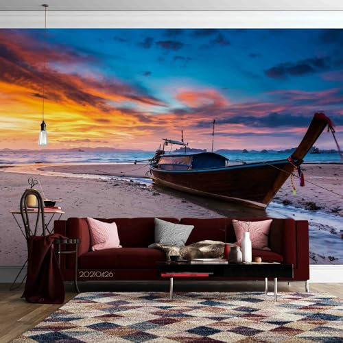 Fototapete 3D Effekt 3D-Strand-Boot-Meer-Sonnenuntergang Wandaufkleber Kinderzimmer Wandsticker Wohnzimmer Sticker Hintergrund Wandbilder,396 * 280cm