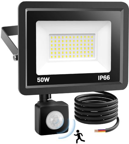 YAMYONE 50W Security Lights Outdoor Motion Sensor, PIR LED Floodlight 4200LM IP66 Waterproof, 6500K White Daylight for Warehouse Playground Backyard Garden