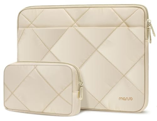 MOSISO 13-14 inch Laptop Case, 13.3 inch Laptop Sleeve Compatible with MacBook Air 13 13.6 M3 M2 M1/Pro 13/Pro 14, HP Dell ASUS Lenovo, Rhombus Quilted Horizontal Bag Cover with Small Case, Sand