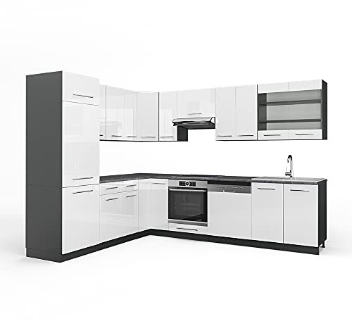 Vicco Eckküche Fame-Line, Weiß Hochglanz/Anthrazit, 227 x 287 cm, AP Anthrazit