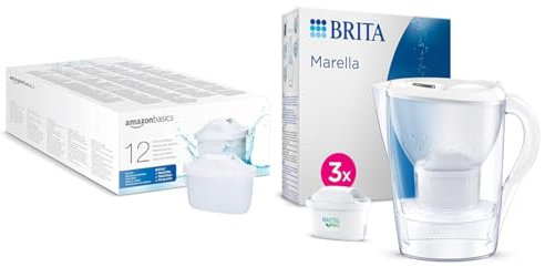 Amazon Basics Water Filter Cartridges, 12 Pack, fits and Compatible with All BRITA jugs incl & BRITA Marella Water Filter Jug Starter Pack - White (2.4L) incl. 3X MAXTRA PRO All-in-1 Cartridge