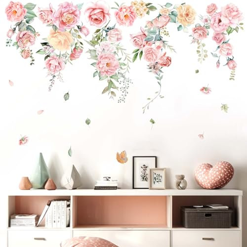 Hanging Flower Wall Stickers for Bedroom: Peel and Stick Pink Wildflower Floral Wall Stickers - Sofa TV Background Home Art Wall Decor