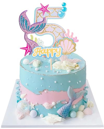 Mermaid Tortendeko Sea Kuchen Deko Cake Topper 5 Jahre Glitter Kuchendekoration für Mädchen Geburtstag, Jubiläum, Thema Party